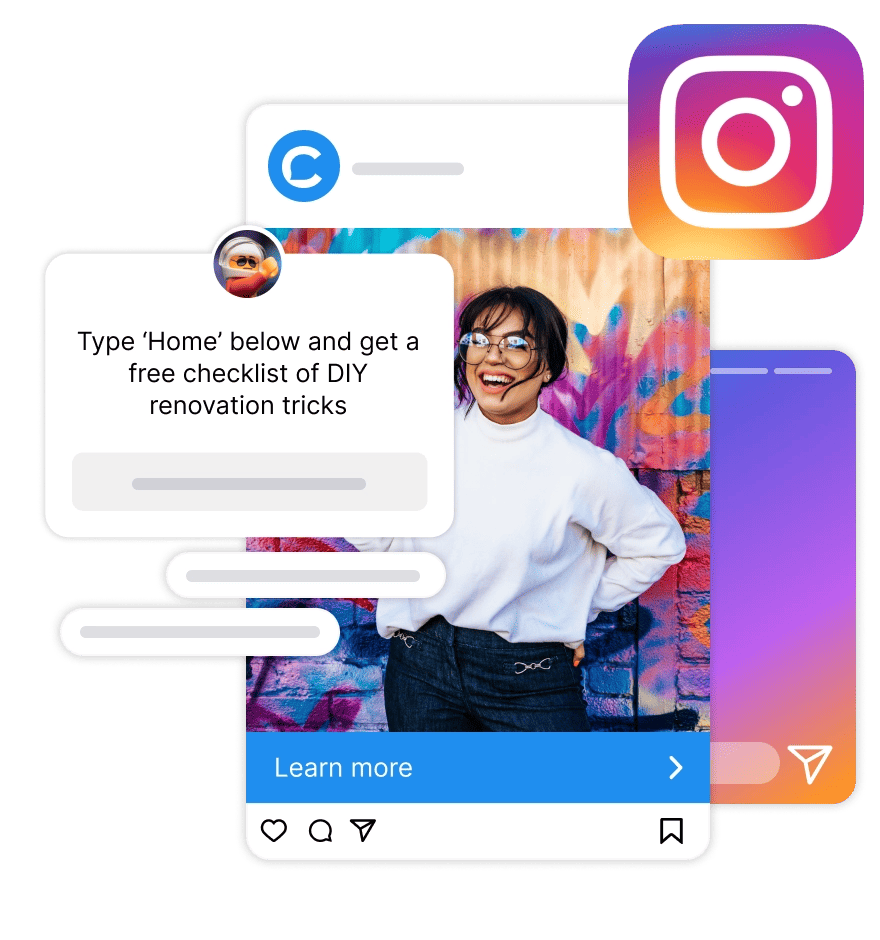 An Instagram app with a woman in front of it, featuring a chatbot for enhanced user engagement.