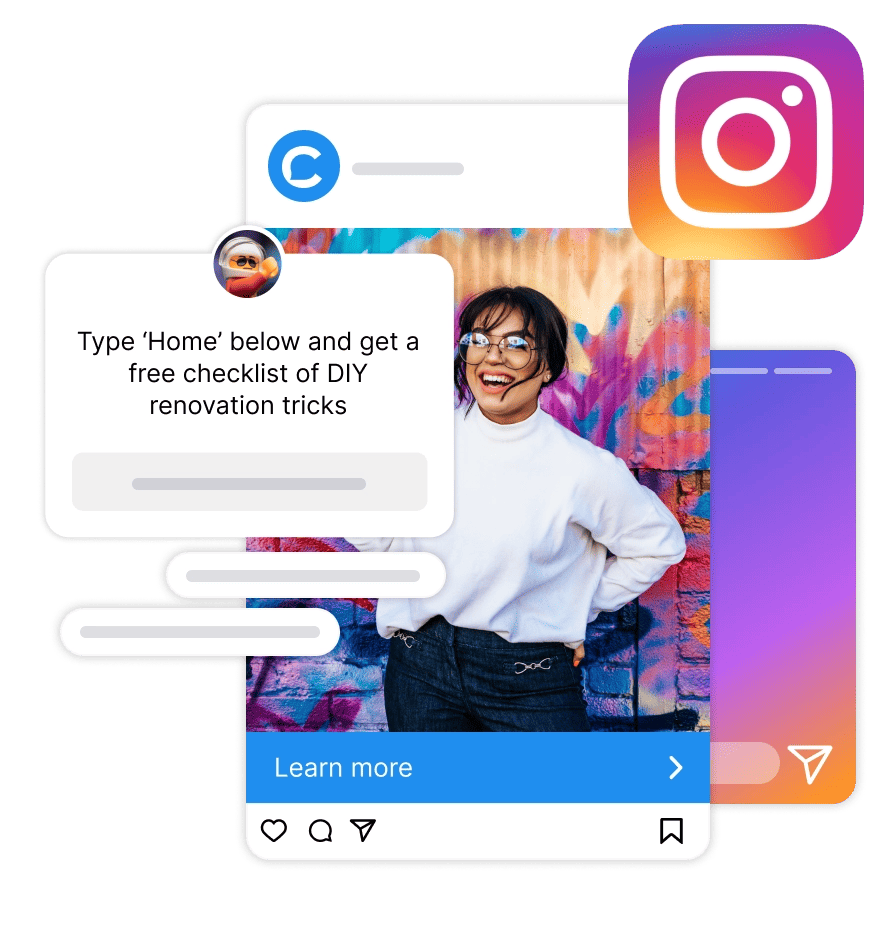 An Instagram app with a woman in front of it, featuring a chatbot for enhanced user engagement. An Instagram app with a woman in front of it, featuring a chatbot for enhanced user engagement.