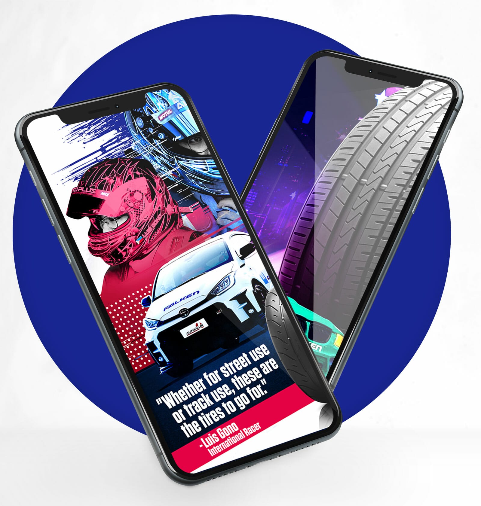 A mobile phone with an image of a car and a tire.