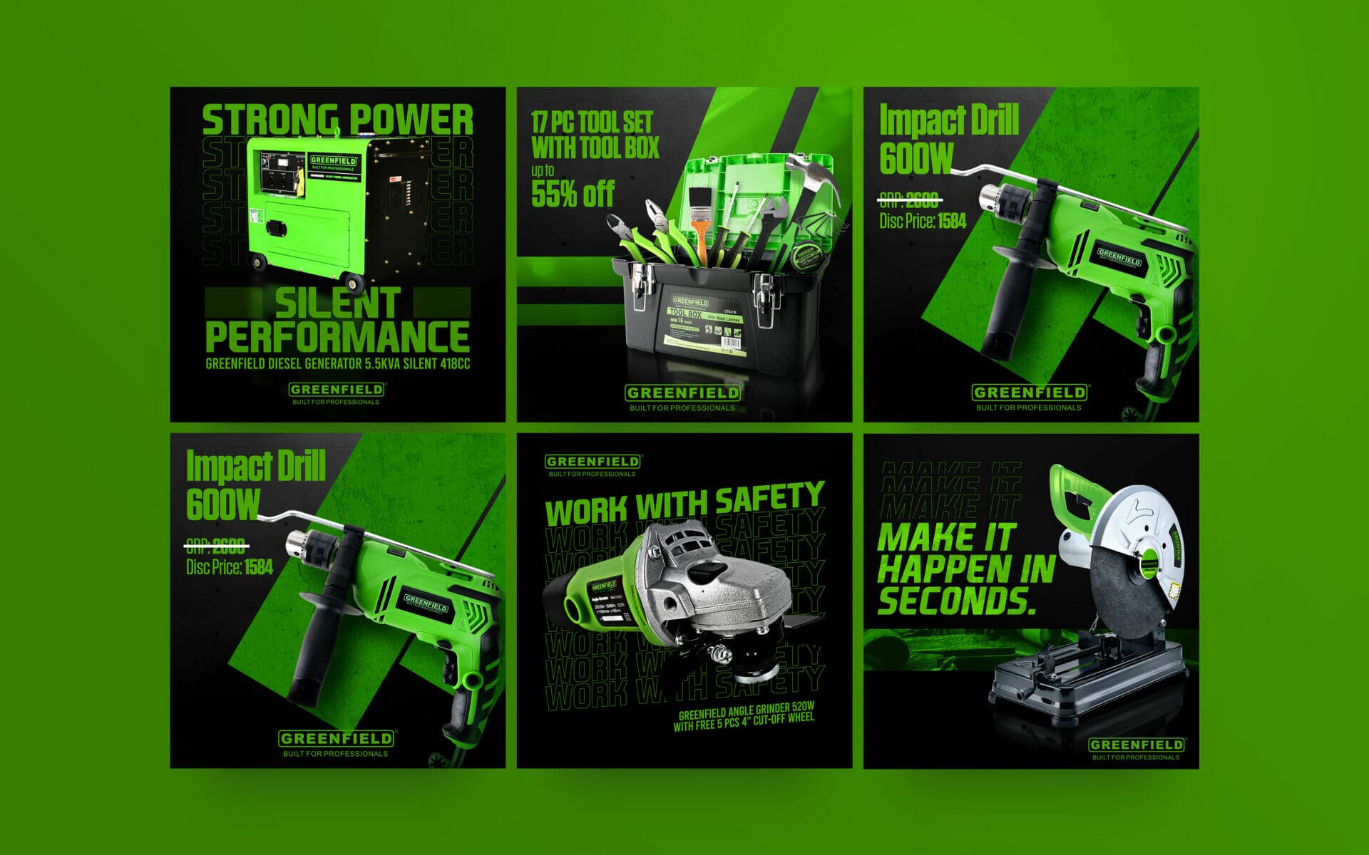 A set of green power tools on a black background.