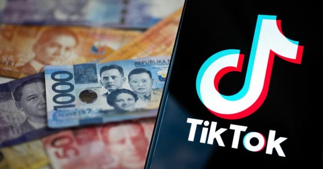 The TikTok logo accentuated by a stack of Philippine money, inviting businesses to join the platform.