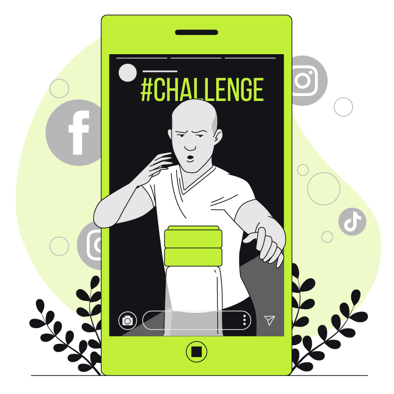 An illustration of a man holding a phone with the word challenge on it.