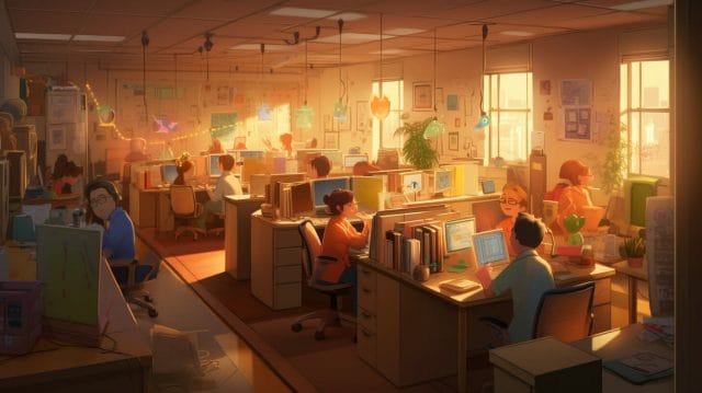 An illustration of a digital agency office in the Philippines with people working at desks.
