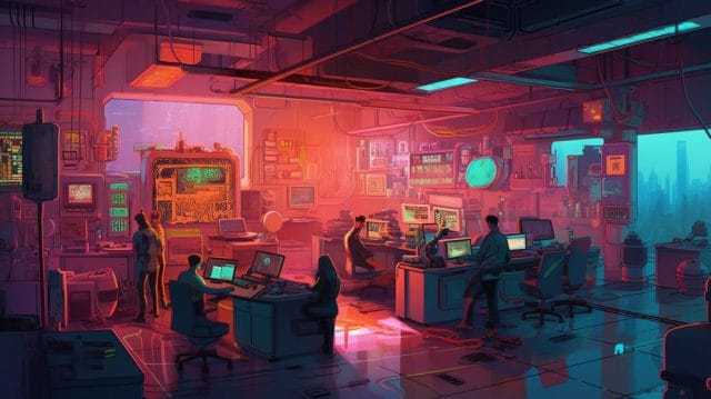 An illustration of a computer room with people working on computers in an SEO company.