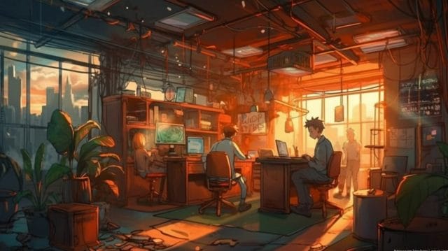 An illustration of a computer room with people working at their desks, showcasing the best SEO company in the Philippines.