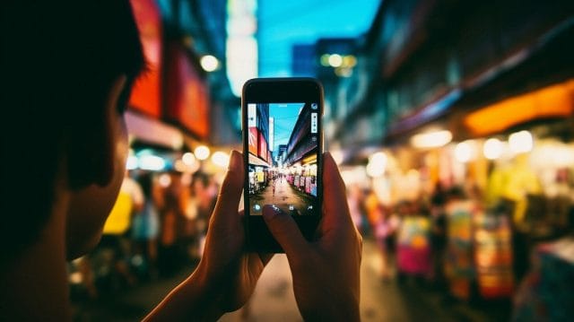 A person is marketing an urban street scene on Instagram.
