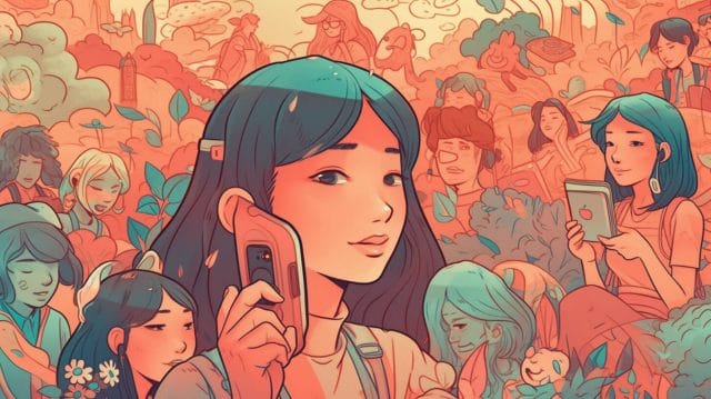 An illustration of a girl using social media on her cell phone in front of a crowd.
