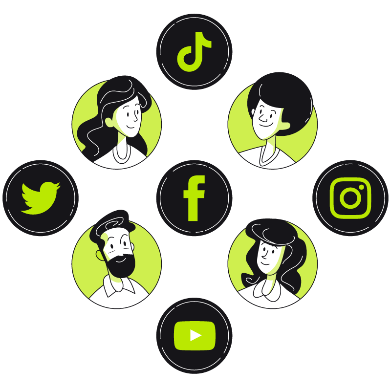 Social media icons in a circle.