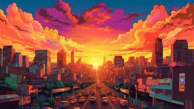 A marketing company in the Philippines showcasing a painting of a city during sunset.