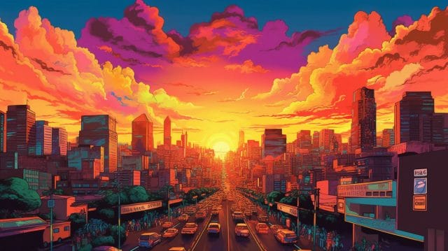 A marketing company in the Philippines showcasing a painting of a city during sunset.