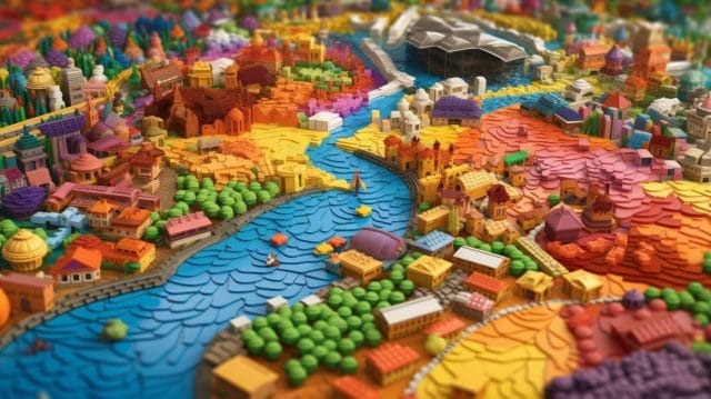 A vibrant cityscape model showcasing a river.