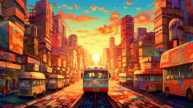 A cityscape painting capturing the bustling streets of a metropolis with a bus in motion.