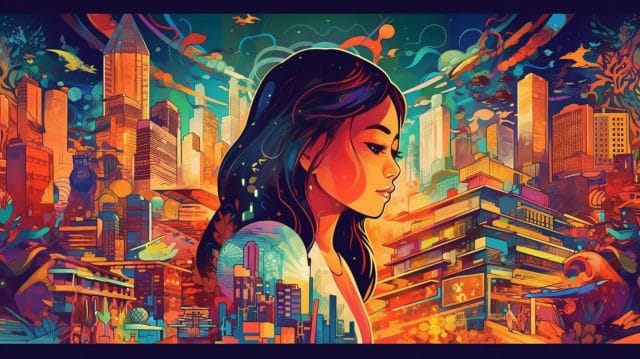 A digital painting of a woman in front of a city.