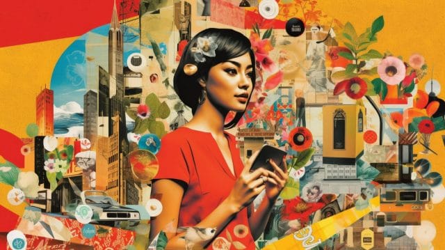 An illustration of a woman holding a cell phone in front of a city for a digital marketing company in the Philippines.
