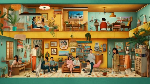 An illustration of people in a living room engaged in a social media platform.