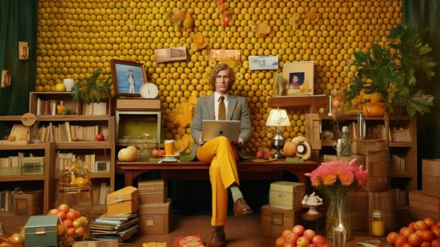 A man, one of the ugc creators, sitting at a desk in front of a bunch of oranges.