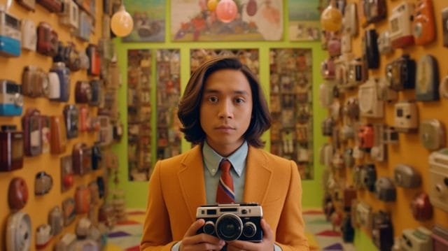A young man in an orange suit learning how to become a UGC creator through his camera.