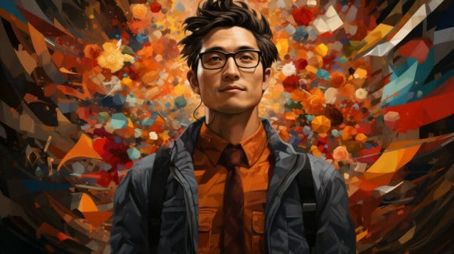 A ugc creator in glasses standing in front of a colorful background.