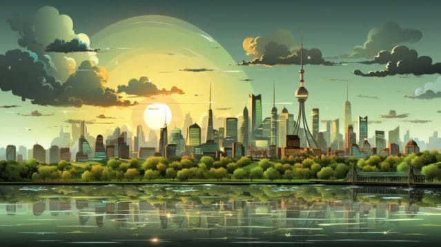 A cartoon illustration of a vibrant city skyline managed by a Community Management Agency.