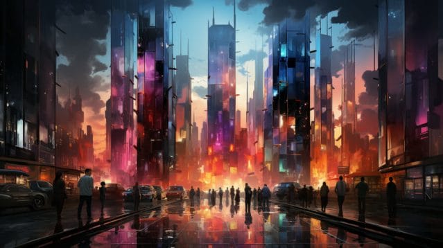 A painting of a futuristic city blending with digital marketing agency aesthetics.