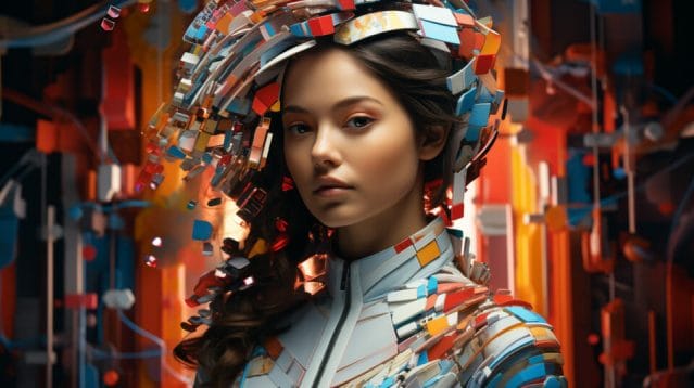 A futuristic girl with a futuristic outfit, in a digital marketing agency's background.