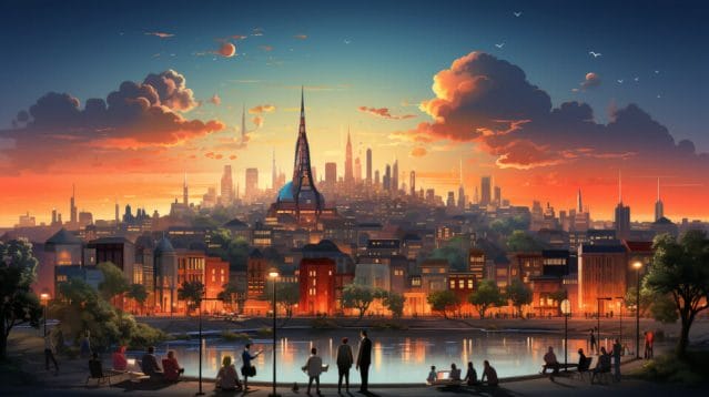 An illustration depicting a cityscape during sunset, showcasing the close-knit community ambiance.