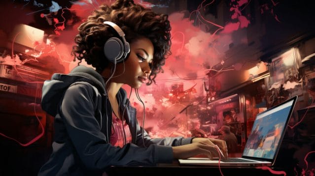 A girl with headphones is using a laptop in a dark room to work for digital marketing agencies.