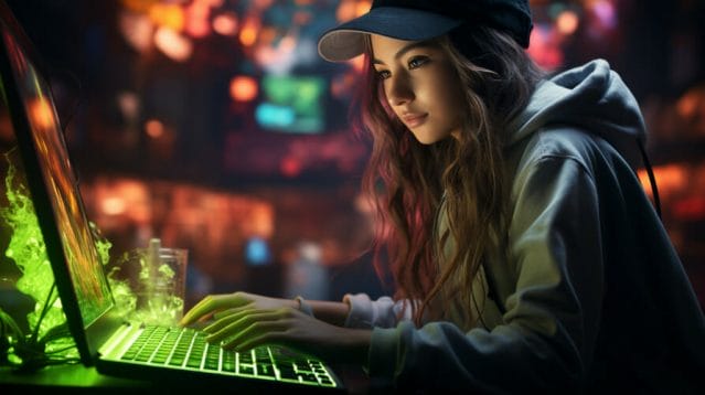 A UGC creator using a laptop in a dark room.