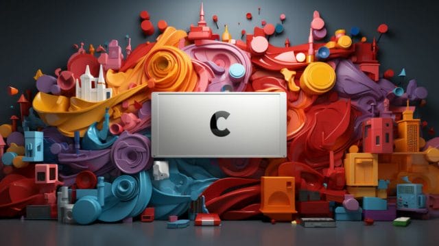 A computer with the letter c surrounded by colorful objects.