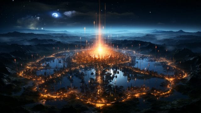 An image of a city with a fire in the middle of it.