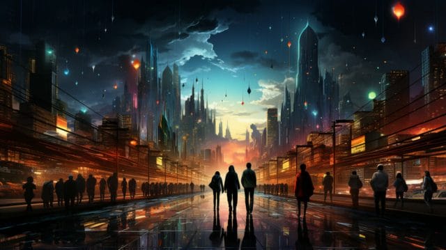 A futuristic city at night with people walking in the street.