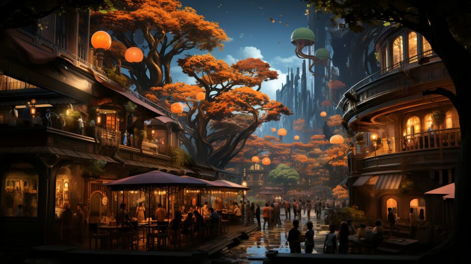 An image of a city with trees and lanterns.