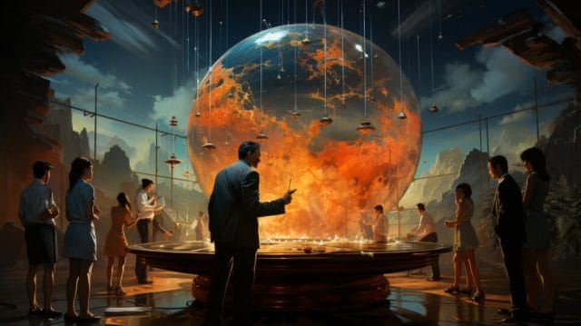A group of people standing in front of a large ball of fire.