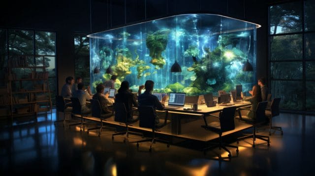 A group of people sitting at a desk in front of a large aquarium.