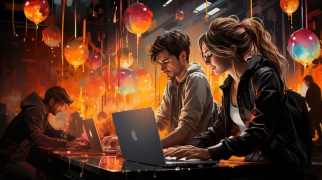 A group of people working on laptops in front of a fire.