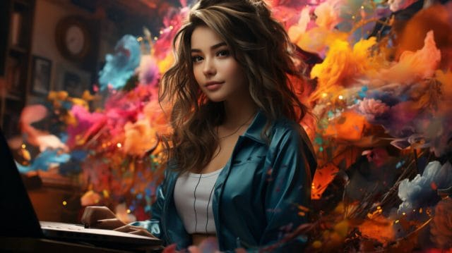 A girl utilizing a laptop for social media marketing while sitting against a vibrant background.