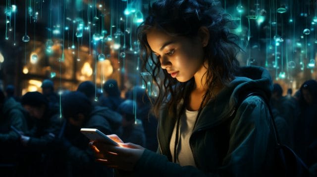 A woman is looking at her phone in a crowd of people.