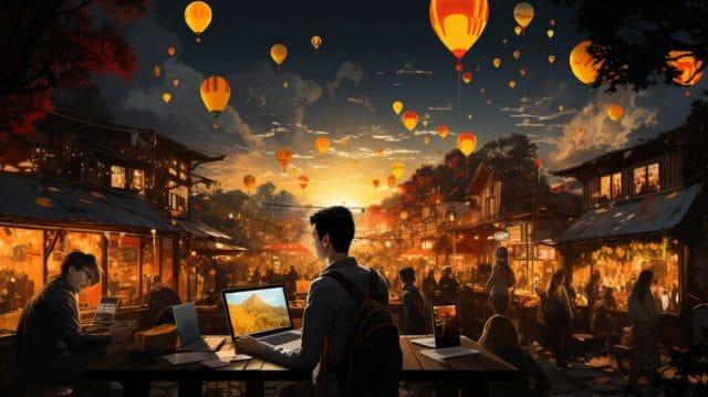 A man is working on his laptop in a city with hot air balloons in the sky.