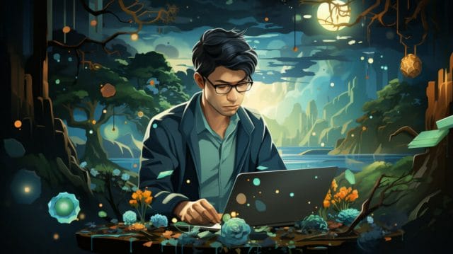 Evolving with the Times: How a Digital Marketing Agency in the Philippines Transforms the Business Landscape | Lime Digital Asia A man working on a laptop in a dark forest.