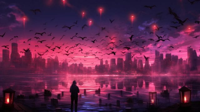 A woman is standing in front of a city with bats flying over it.