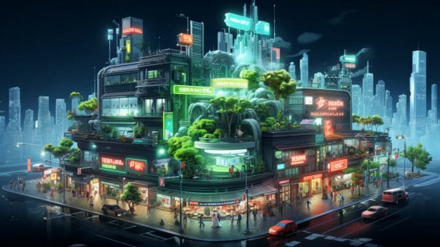 A futuristic city with buildings and trees.