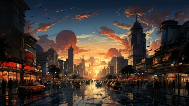 An image of a futuristic city at sunset.