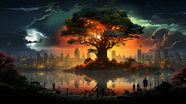 An image of a city with a tree in the background.