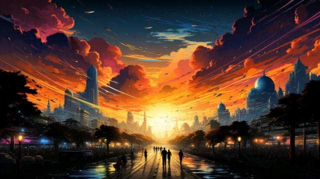 A painting of a futuristic city with a sunset.
