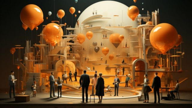 A group of people standing in front of a building with orange balloons.