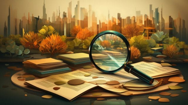 A magnifying glass and books on a city background.