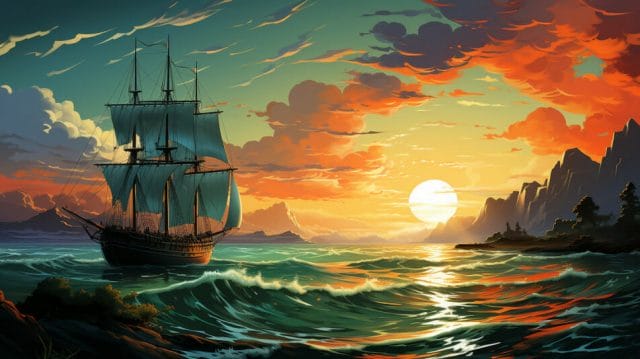 A painting of a ship in the ocean.