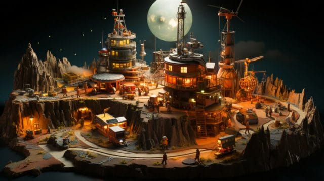 A model of a small town with a full moon.