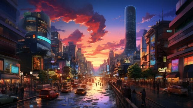 An image of a city at sunset.
