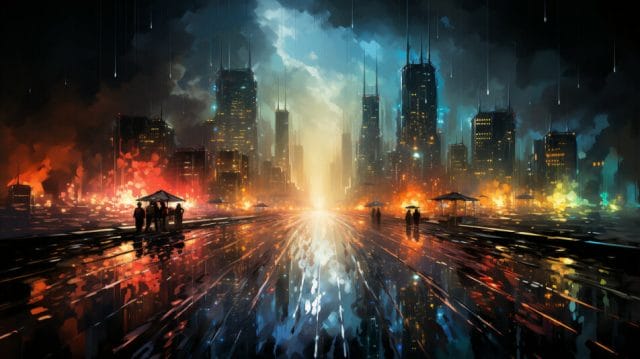 The Revolutionary Landscape of Ad Agencies in the Philippines: An In-Depth Exploration | Lime Digital Asia A painting of a city at night with people walking in the rain.